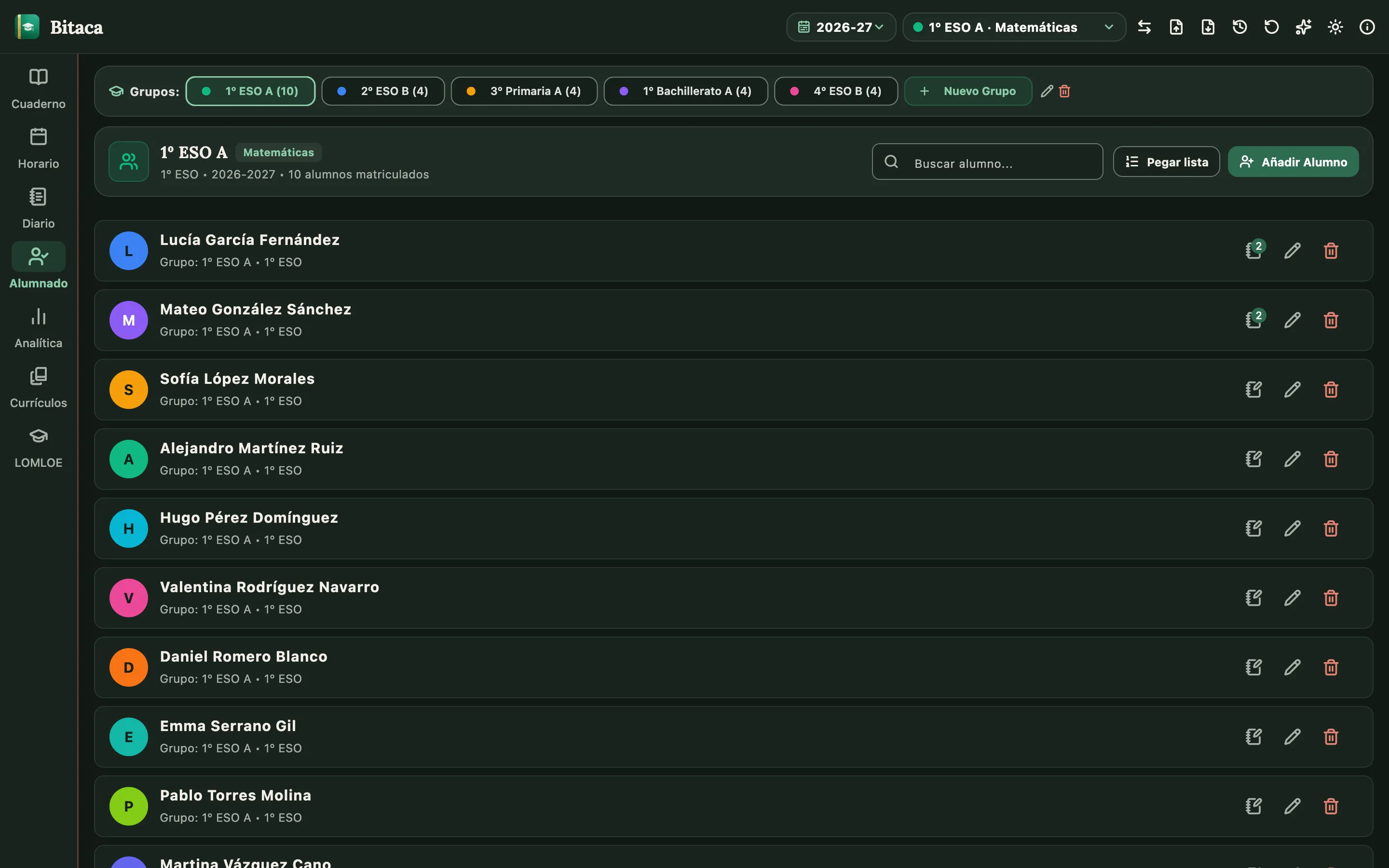 Pantalla de alumnado con las fichas de los alumnos de un grupo