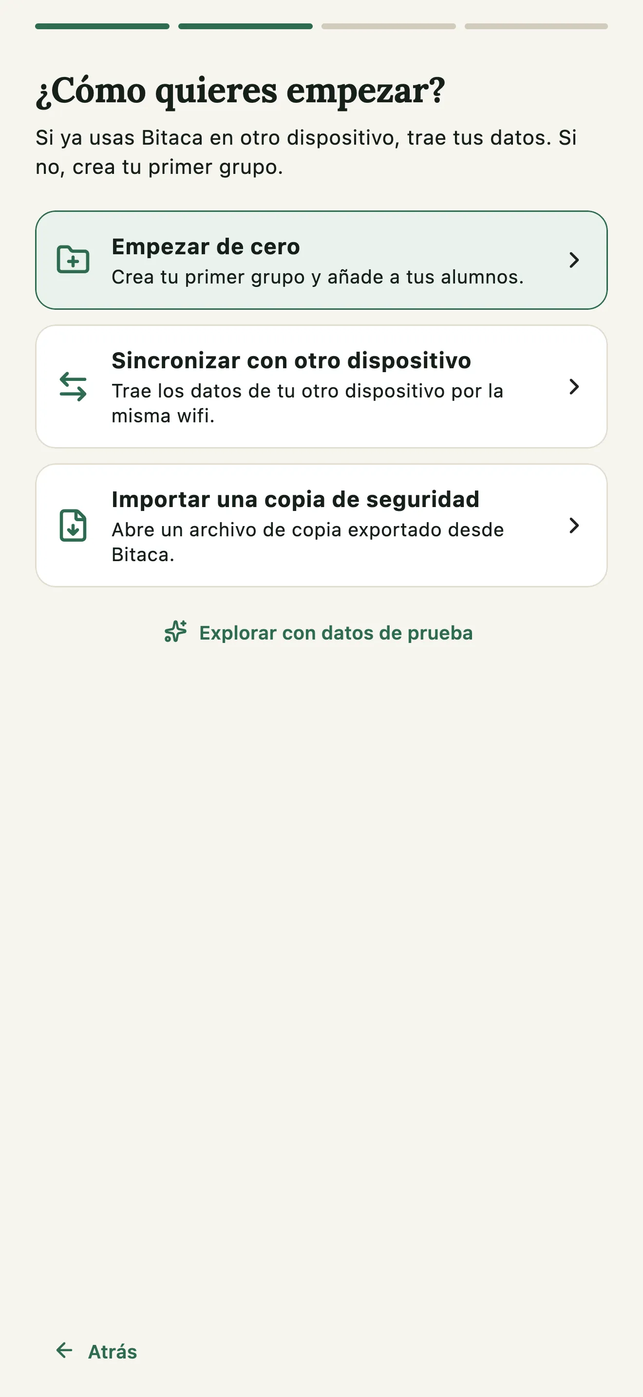 Asistente de primer uso: empieza de cero o trae tus datos