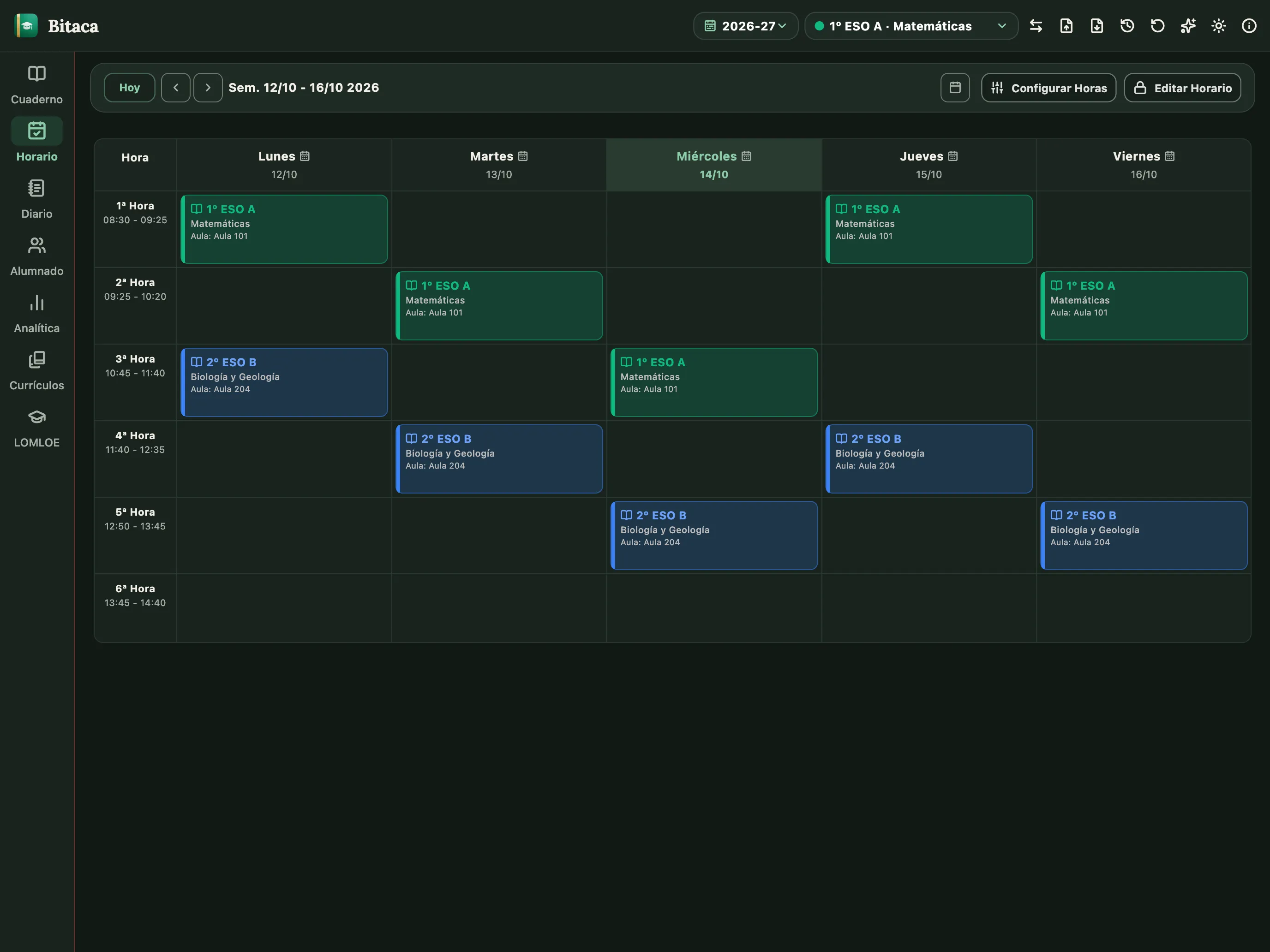 Horario semanal con las clases de cada grupo